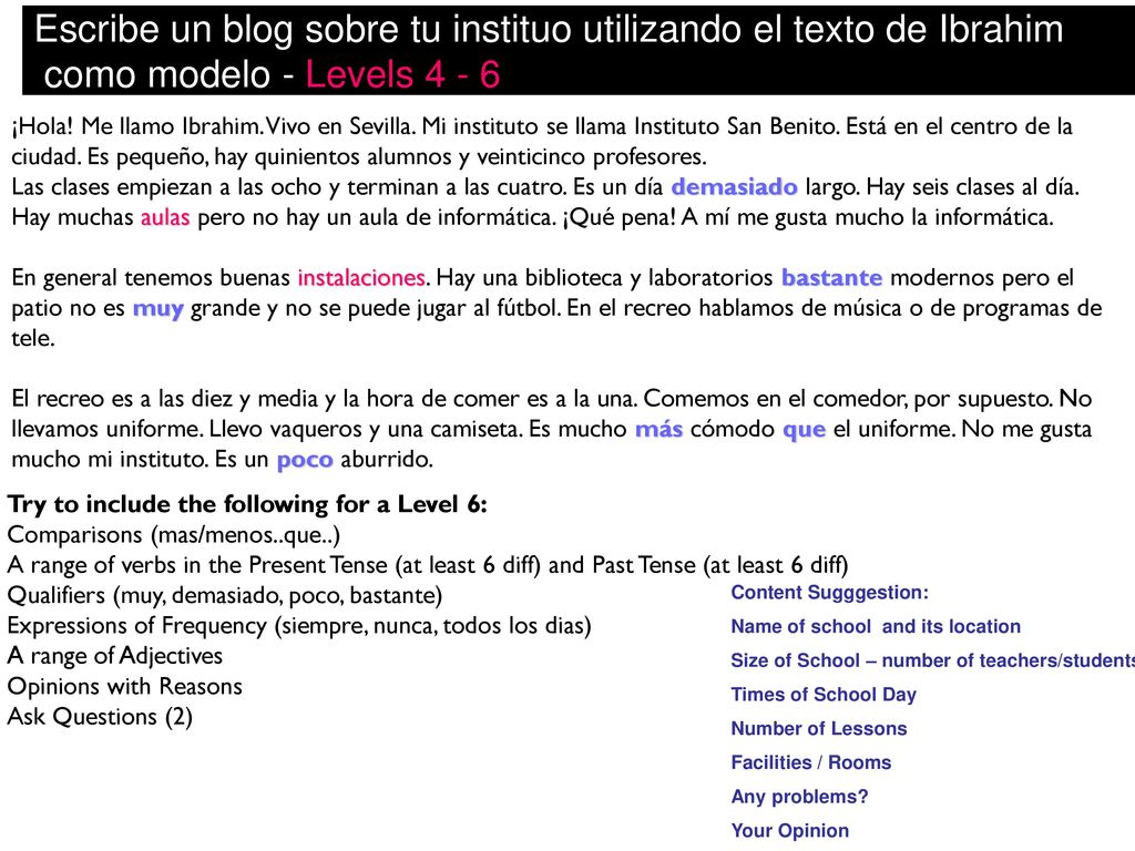 Escribe un blog sobre tu instituo utilizando el texto de Ibrahim como modelo - Levels 4 - 6