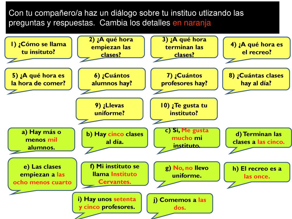 Con tu compañero/a haz un diálogo sobre tu instituo utlizando las preguntas y respuestas. Cambia los detalles en naranja