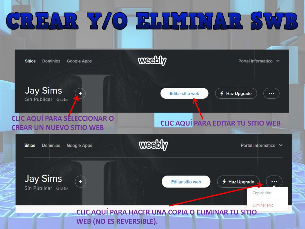 CLIC AQUÍ PARA SELECCIONAR O CREAR UN NUEVO SITIO WEB