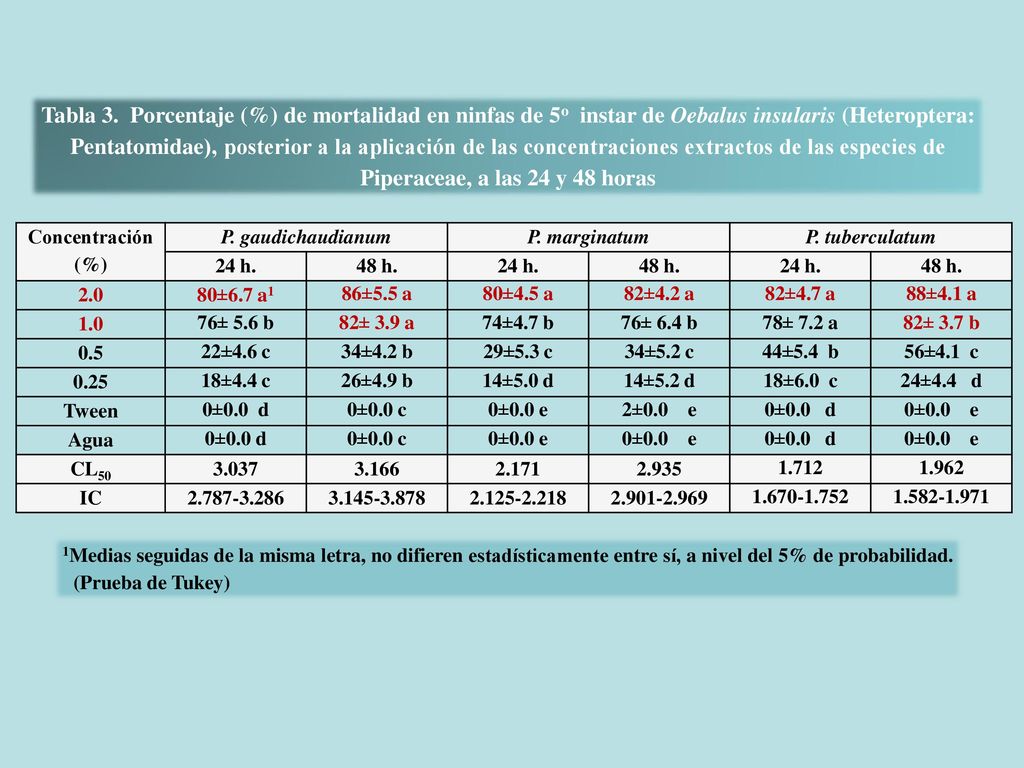 Tabla 3. Porcentaje (%) de mortalidad en ninfas de 5o instar de Oebalus insularis (Heteroptera: Pentatomidae), posterior a la aplicación de las concentraciones extractos de las especies de Piperaceae, a las 24 y 48 horas