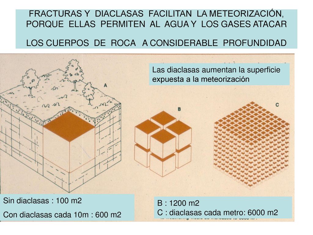FRACTURAS Y DIACLASAS FACILITAN LA METEORIZACIÓN, PORQUE ELLAS PERMITEN AL AGUA Y LOS GASES ATACAR LOS CUERPOS DE ROCA A CONSIDERABLE PROFUNDIDAD