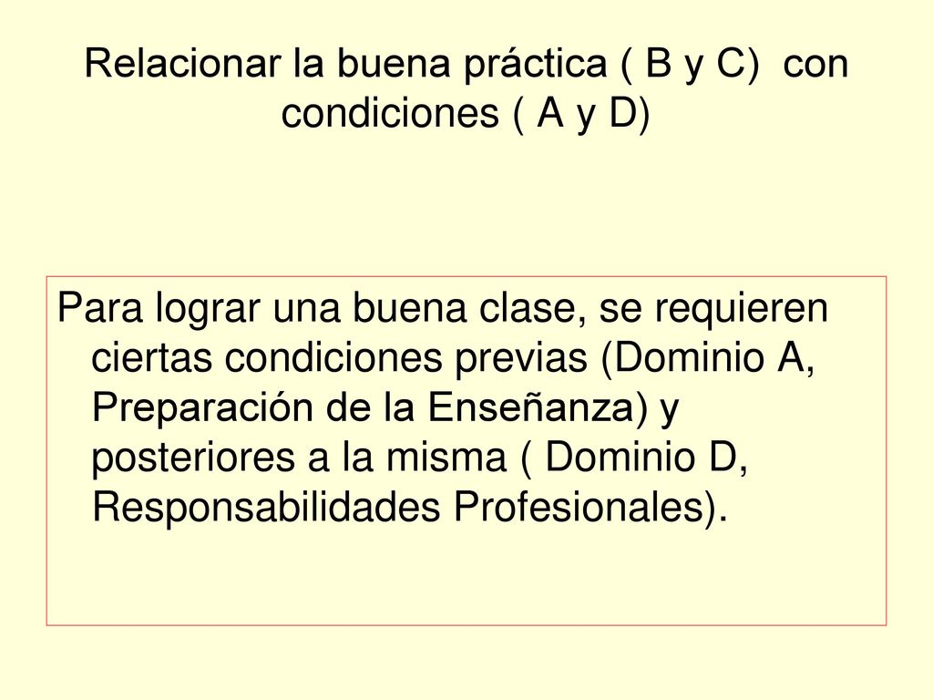Relacionar la buena práctica ( B y C) con condiciones ( A y D)