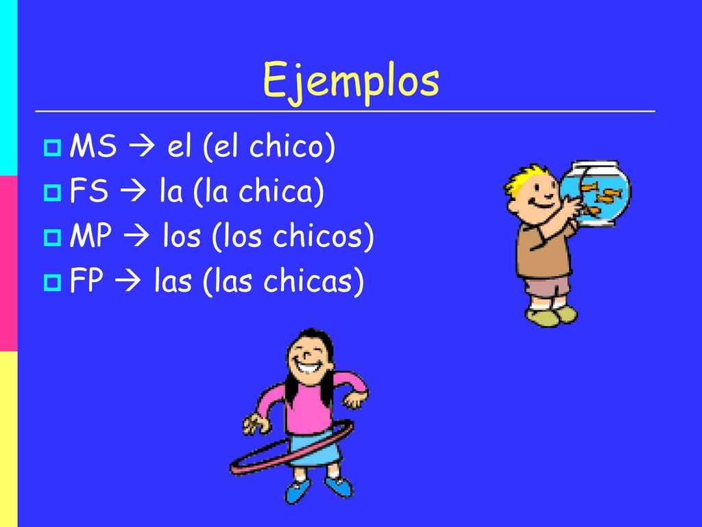 Ejemplos MS  el (el chico) FS  la (la chica) MP  los (los chicos)