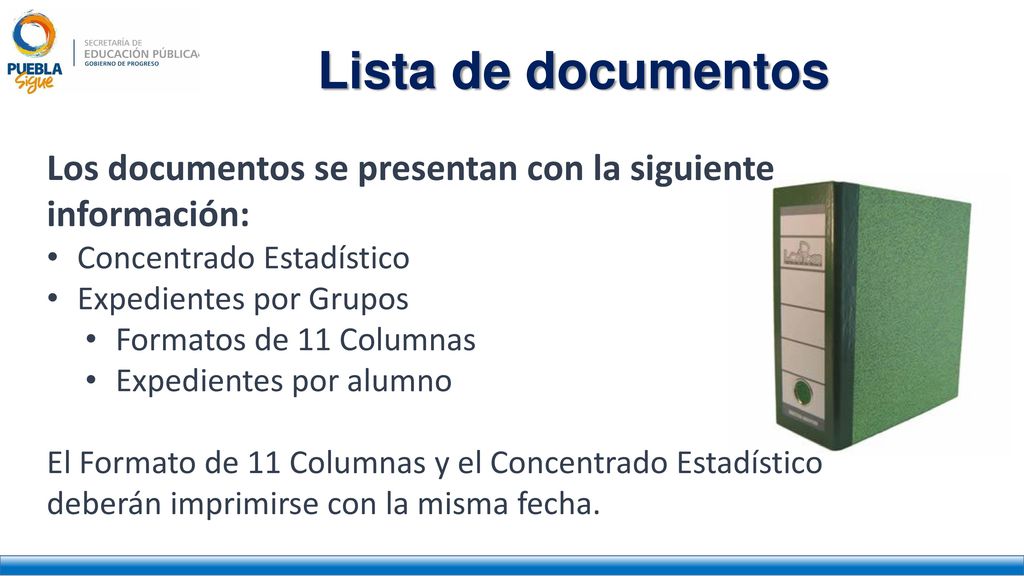 Lista de documentos Los documentos se presentan con la siguiente información: Concentrado Estadístico.