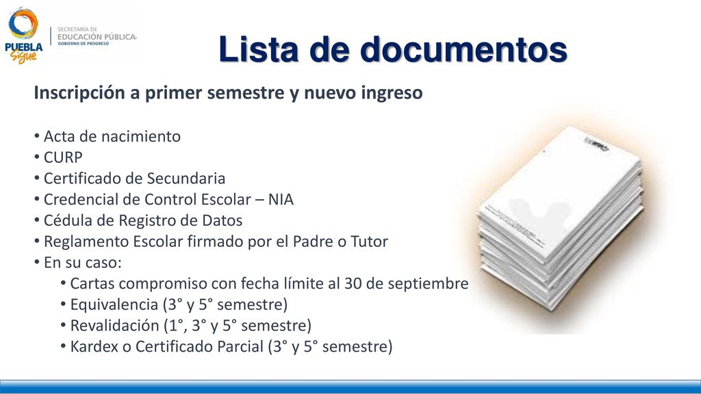Lista de documentos Inscripción a primer semestre y nuevo ingreso