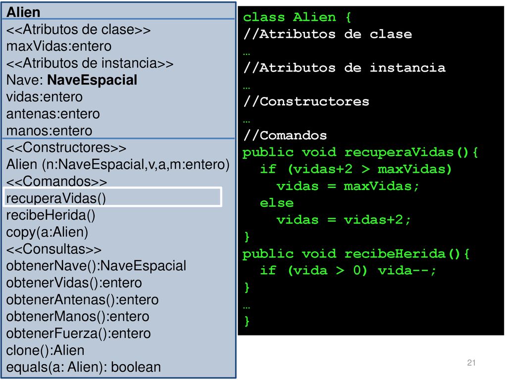 Alien <<Atributos de clase>> maxVidas:entero. <<Atributos de instancia>> Nave: NaveEspacial. vidas:entero.