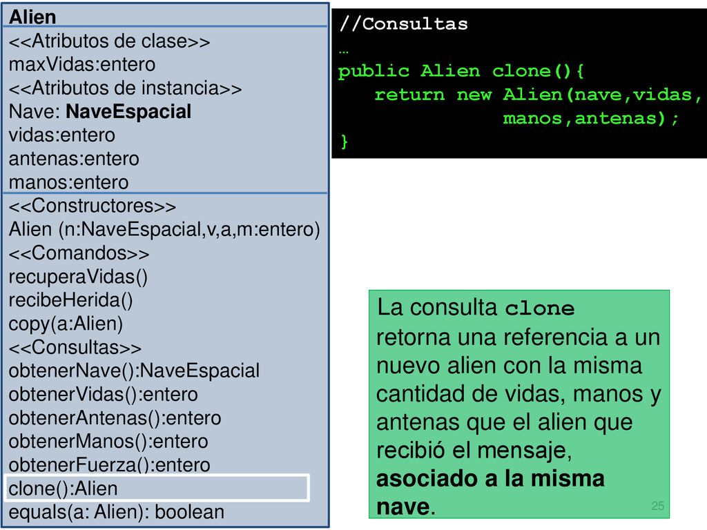 Alien <<Atributos de clase>> maxVidas:entero. <<Atributos de instancia>> Nave: NaveEspacial. vidas:entero.
