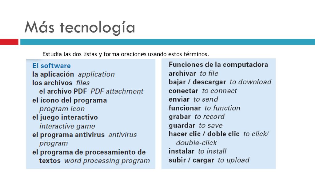 Más tecnología Estudia las dos listas y forma oraciones usando estos términos.