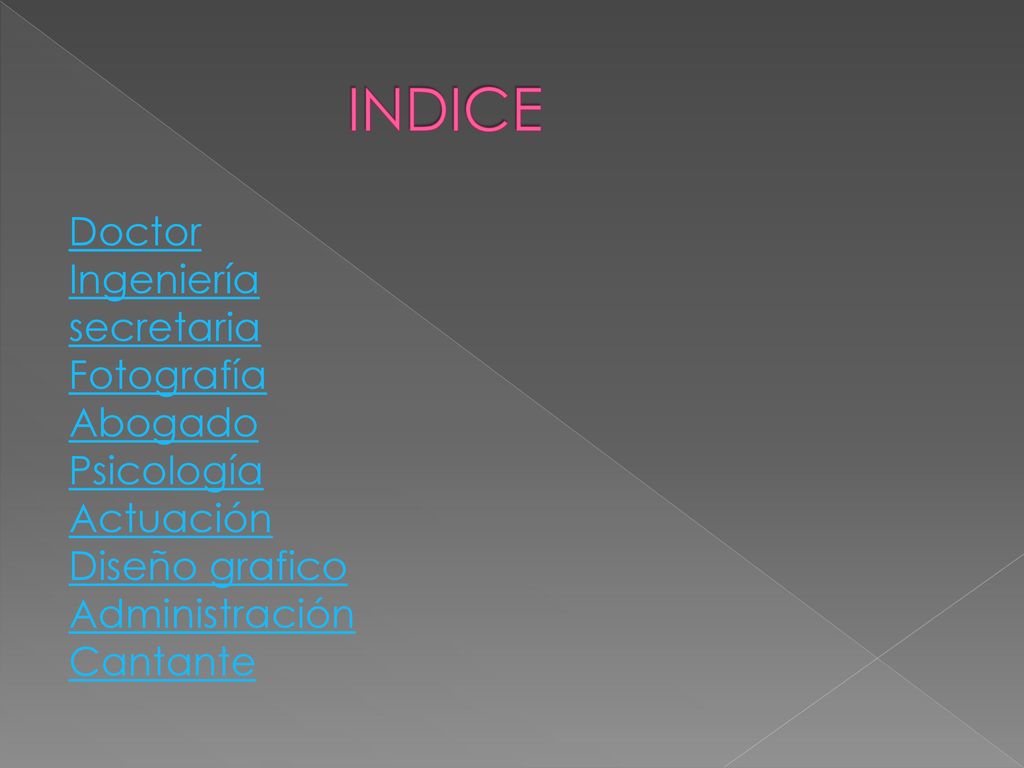 INDICE Doctor Ingeniería secretaria Fotografía Abogado Psicología Actuación Diseño grafico Administración Cantante