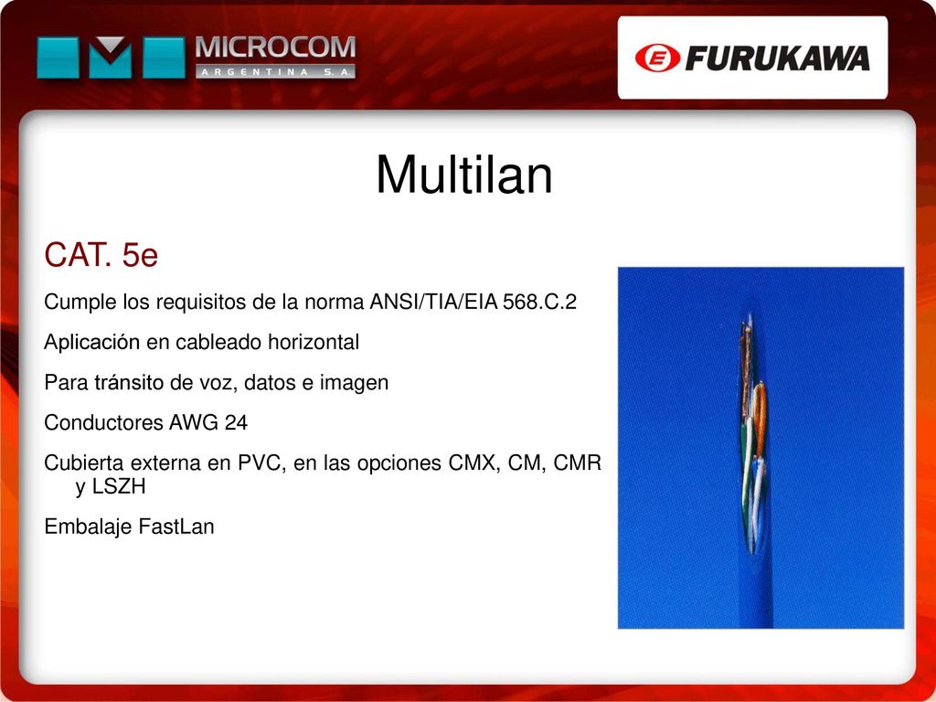 Multilan CAT. 5e. Cumple los requisitos de la norma ANSI/TIA/EIA 568.C.2. Aplicación en cableado horizontal.