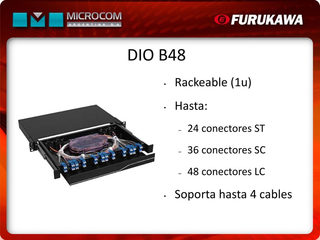 DIO B48 Rackeable (1u) Hasta: Soporta hasta 4 cables 24 conectores ST