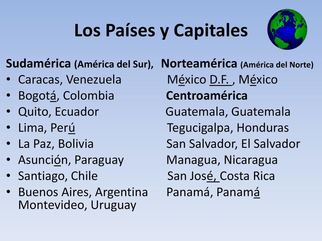Los Países y Capitales Sudamérica (América del Sur), Norteamérica (América del Norte) Caracas, Venezuela México D.F. , México.