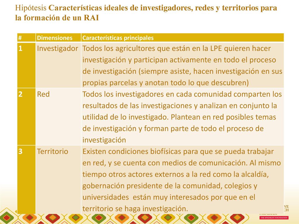 Hipótesis Características ideales de investigadores, redes y territorios para la formación de un RAI