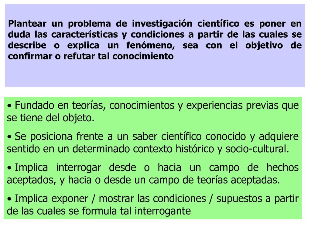 Plantear un problema de investigación científico es poner en duda las características y condiciones a partir de las cuales se describe o explica un fenómeno, sea con el objetivo de confirmar o refutar tal conocimiento