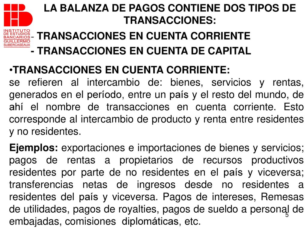 LA BALANZA DE PAGOS CONTIENE DOS TIPOS DE TRANSACCIONES:
