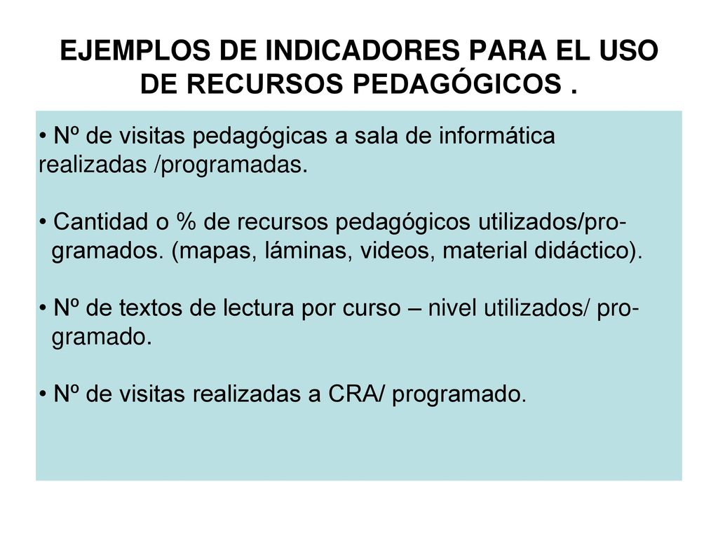 EJEMPLOS DE INDICADORES PARA EL USO DE RECURSOS PEDAGÓGICOS .