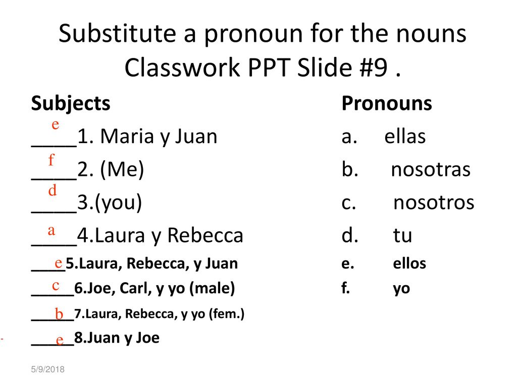Substitute a pronoun for the nouns Classwork PPT Slide #9 .