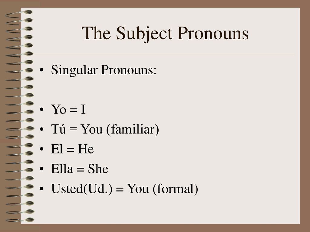 The Subject Pronouns Singular Pronouns: Yo = I Tú = You (familiar)