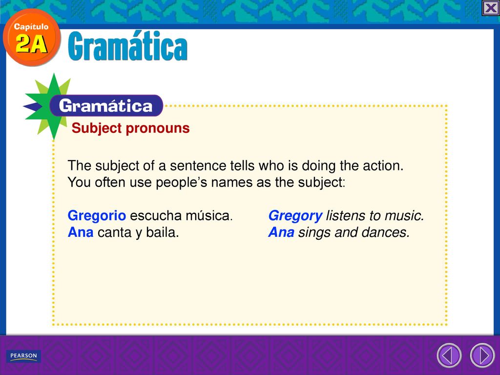 Subject pronouns The subject of a sentence tells who is doing the action. You often use people’s names as the subject: