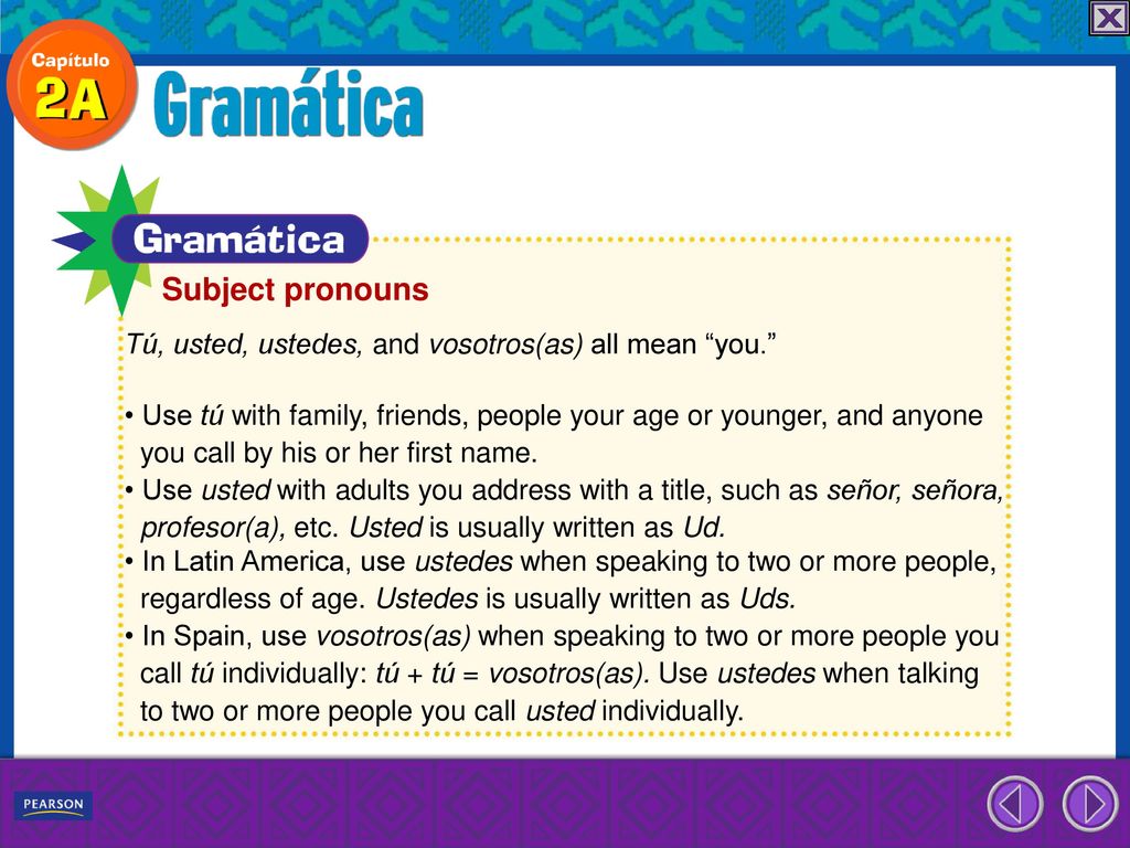 Subject pronouns Tú, usted, ustedes, and vosotros(as) all mean you.