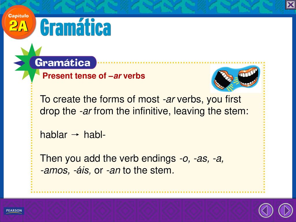 To create the forms of most -ar verbs, you first