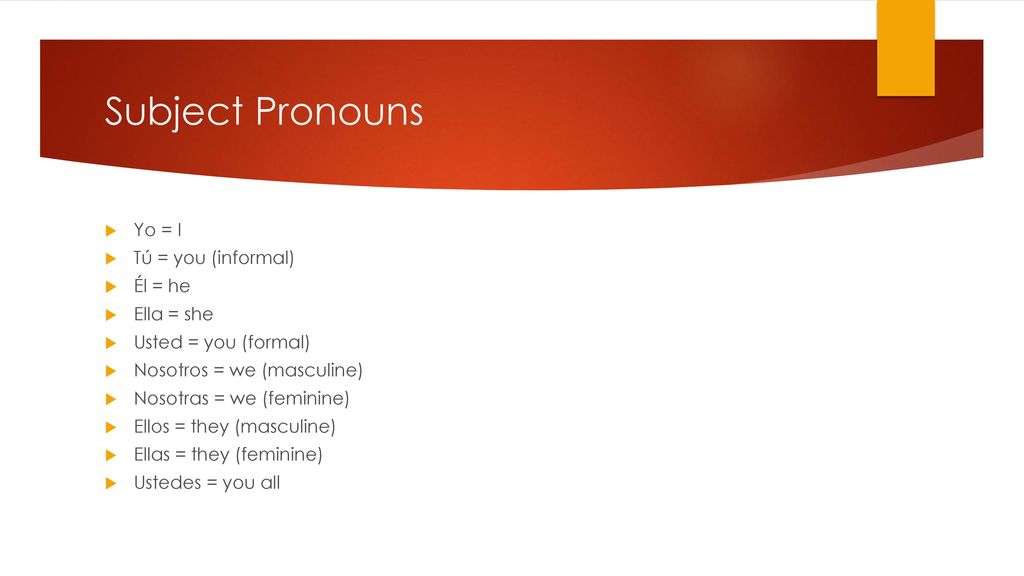 Subject Pronouns Yo = I Tú = you (informal) Él = he Ella = she
