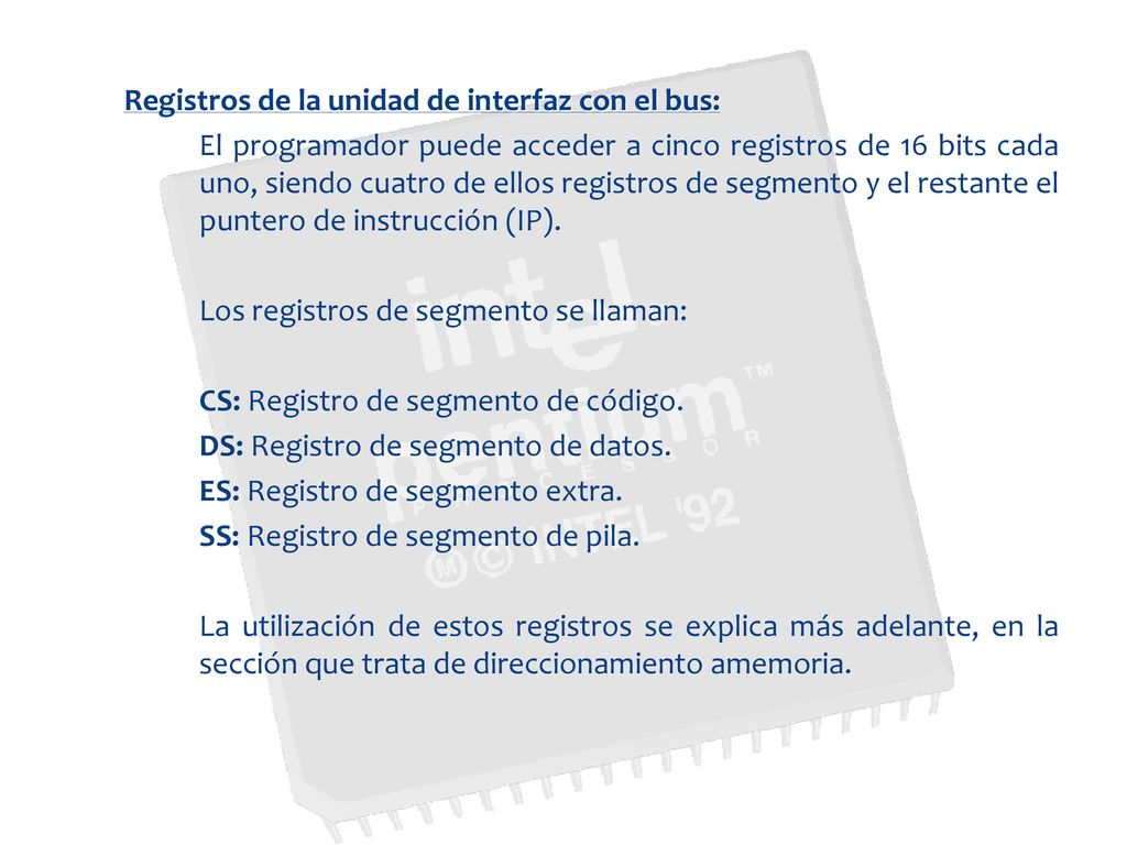 Registros de la unidad de interfaz con el bus: El programador puede acceder a cinco registros de 16 bits cada uno, siendo cuatro de ellos registros de segmento y el restante el puntero de instrucción (IP).