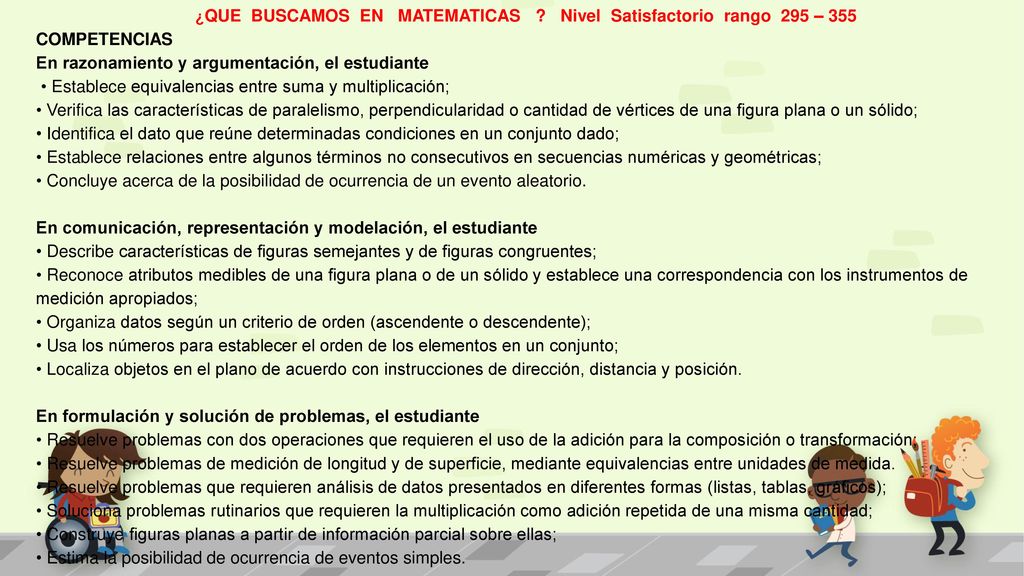 ¿QUE BUSCAMOS EN MATEMATICAS Nivel Satisfactorio rango 295 – 355