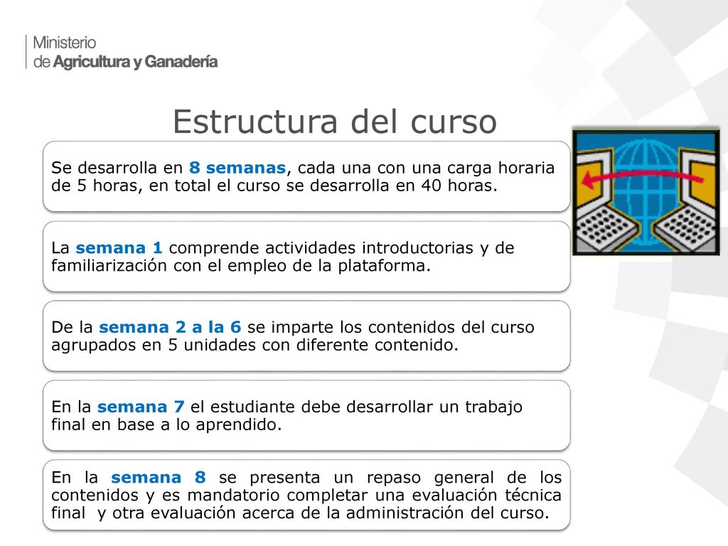 Estructura del curso Se desarrolla en 8 semanas, cada una con una carga horaria de 5 horas, en total el curso se desarrolla en 40 horas.