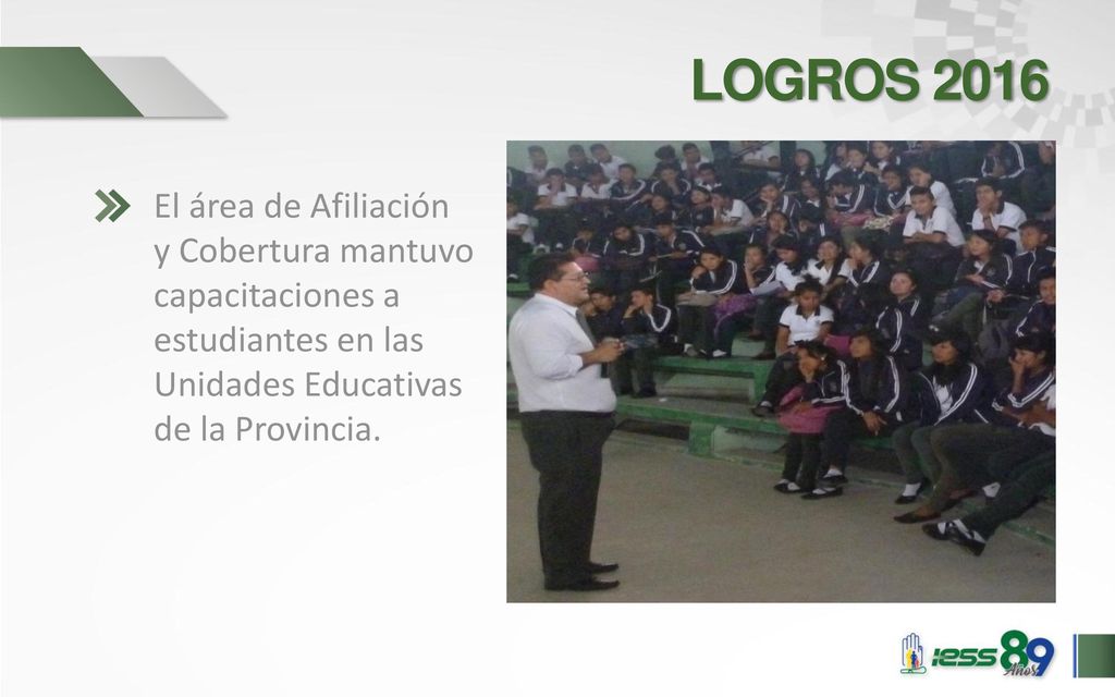 LOGROS 2016 El área de Afiliación y Cobertura mantuvo capacitaciones a estudiantes en las Unidades Educativas de la Provincia.