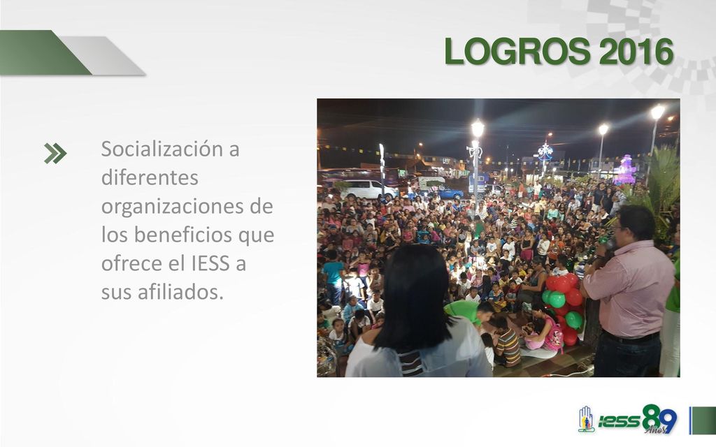LOGROS 2016 Socialización a diferentes organizaciones de los beneficios que ofrece el IESS a sus afiliados.