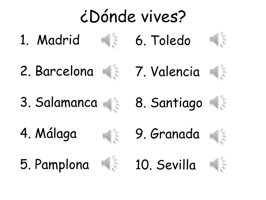 ¿Dónde vives 1. Madrid 6. Toledo 2. Barcelona 7. Valencia