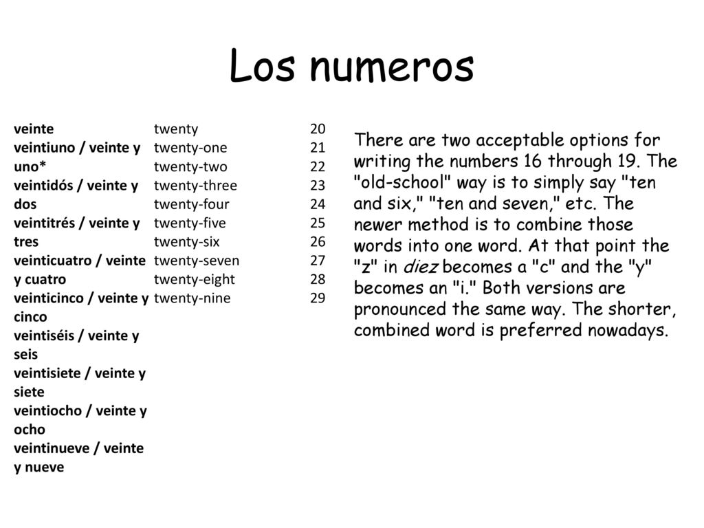 Los numeros veinte. veintiuno / veinte y uno* veintidós / veinte y dos. veintitrés / veinte y tres.
