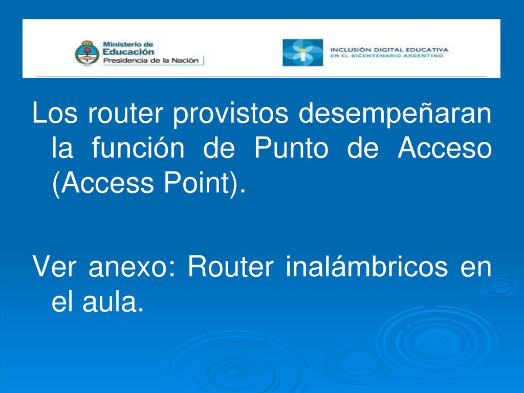Los router provistos desempeñaran la función de Punto de Acceso (Access Point).