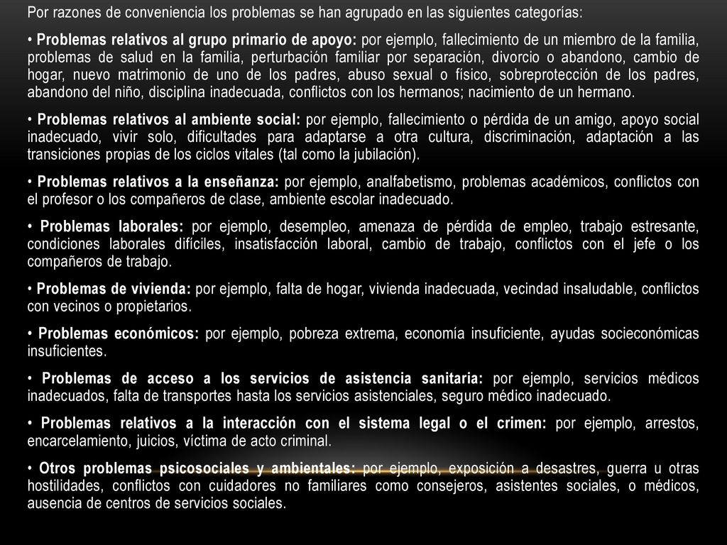 Por razones de conveniencia los problemas se han agrupado en las siguientes categorías: • Problemas relativos al grupo primario de apoyo: por ejemplo, fallecimiento de un miembro de la familia, problemas de salud en la familia, perturbación familiar por separación, divorcio o abandono, cambio de hogar, nuevo matrimonio de uno de los padres, abuso sexual o físico, sobreprotección de los padres, abandono del niño, disciplina inadecuada, conflictos con los hermanos; nacimiento de un hermano.