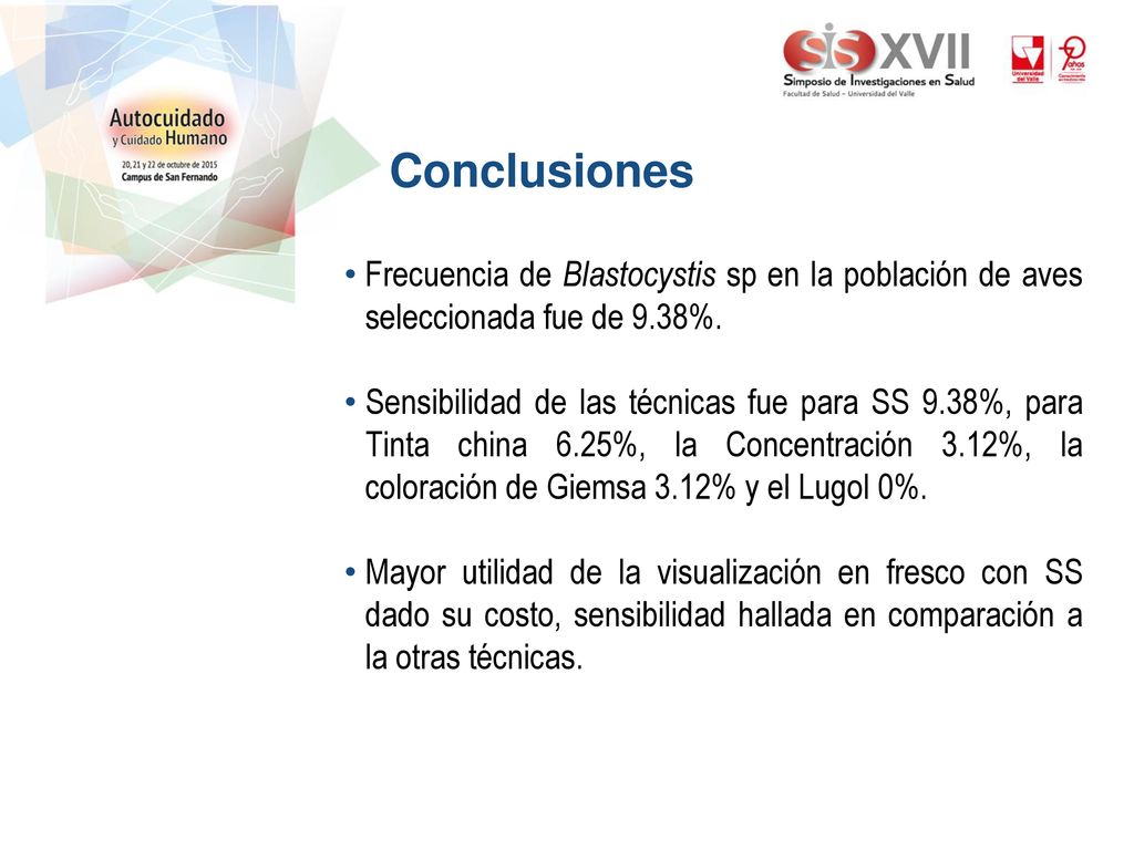 Conclusiones Frecuencia de Blastocystis sp en la población de aves seleccionada fue de 9.38%.