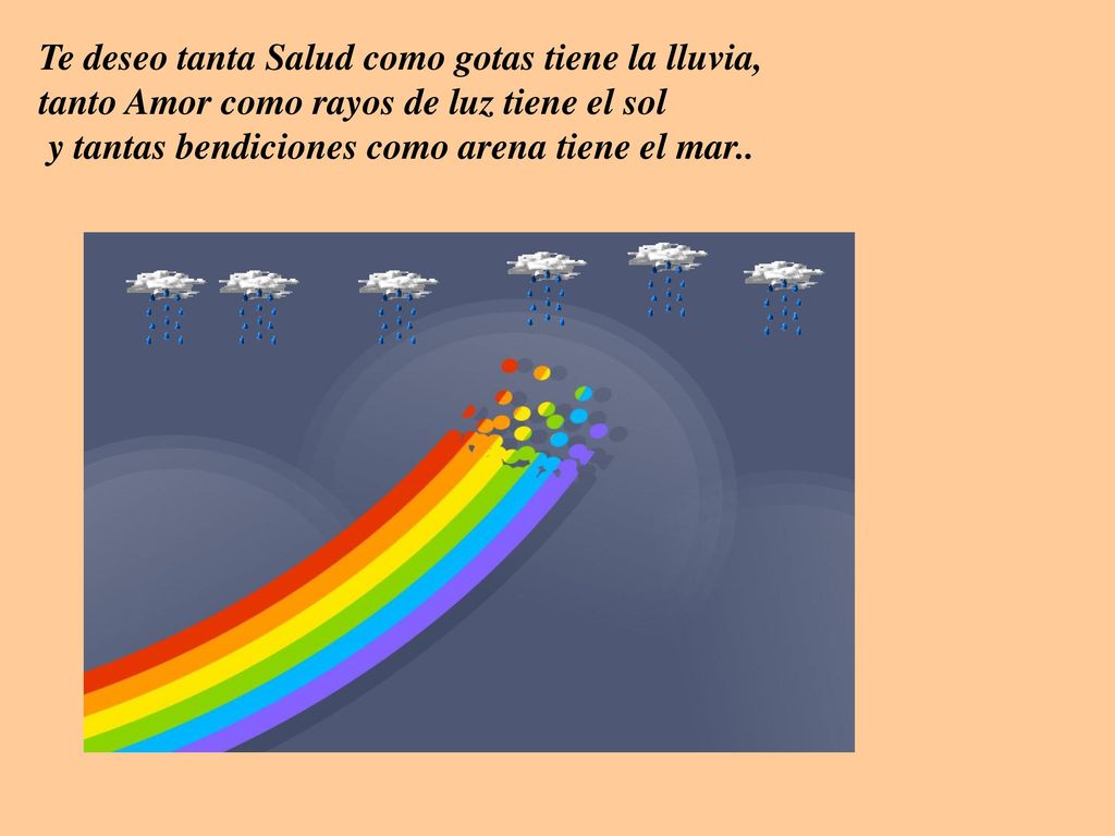 Te deseo tanta Salud como gotas tiene la lluvia, tanto Amor como rayos de luz tiene el sol y tantas bendiciones como arena tiene el mar..