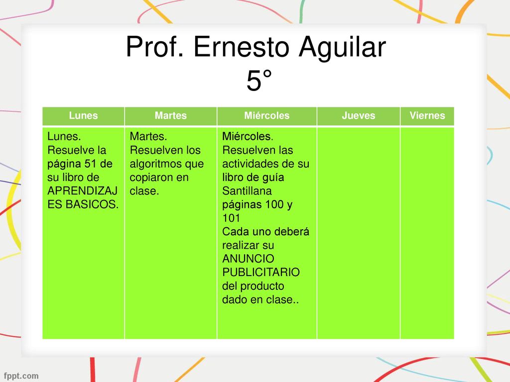 Prof. Ernesto Aguilar 5° Lunes. Martes. Miércoles. Jueves. Viernes. Lunes. Resuelve la página 51 de su libro de APRENDIZAJES BASICOS.