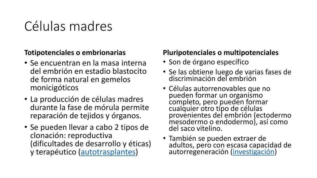 Células madres Totipotenciales o embrionarias. Pluripotenciales o multipotenciales.