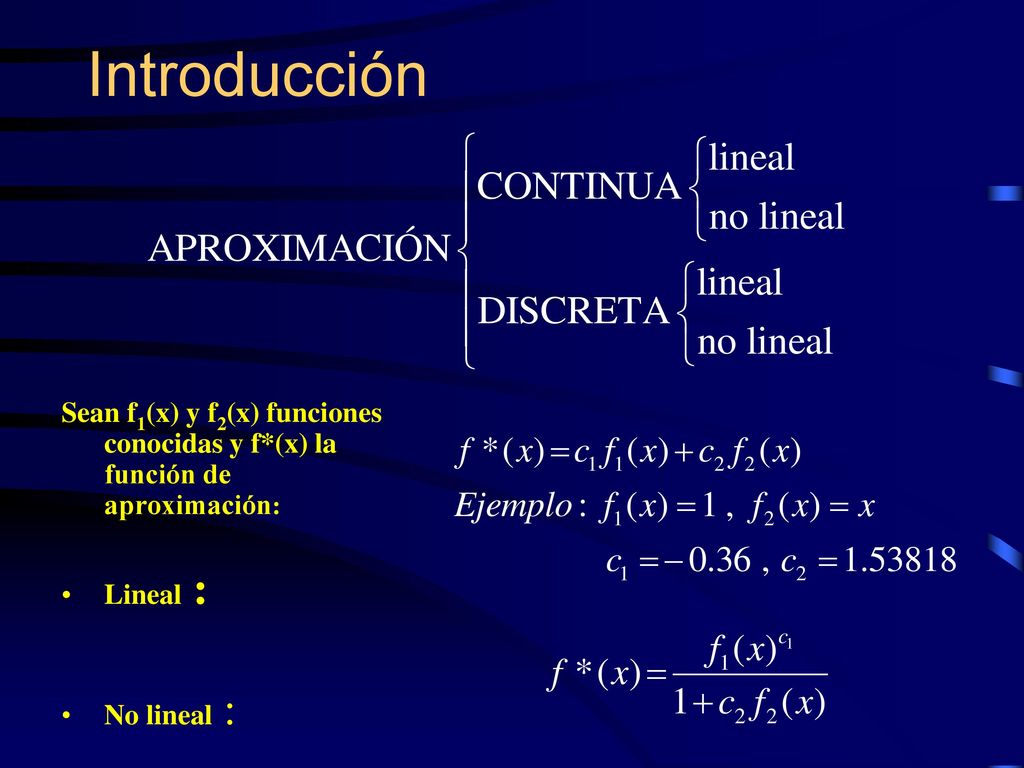 Introducción Sean f1(x) y f2(x) funciones conocidas y f*(x) la función de aproximación: Lineal : No lineal :