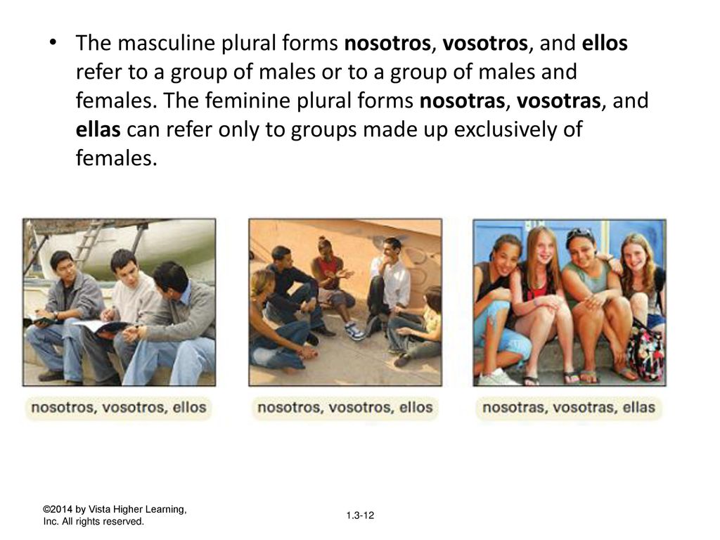The masculine plural forms nosotros, vosotros, and ellos refer to a group of males or to a group of males and females. The feminine plural forms nosotras, vosotras, and ellas can refer only to groups made up exclusively of females.