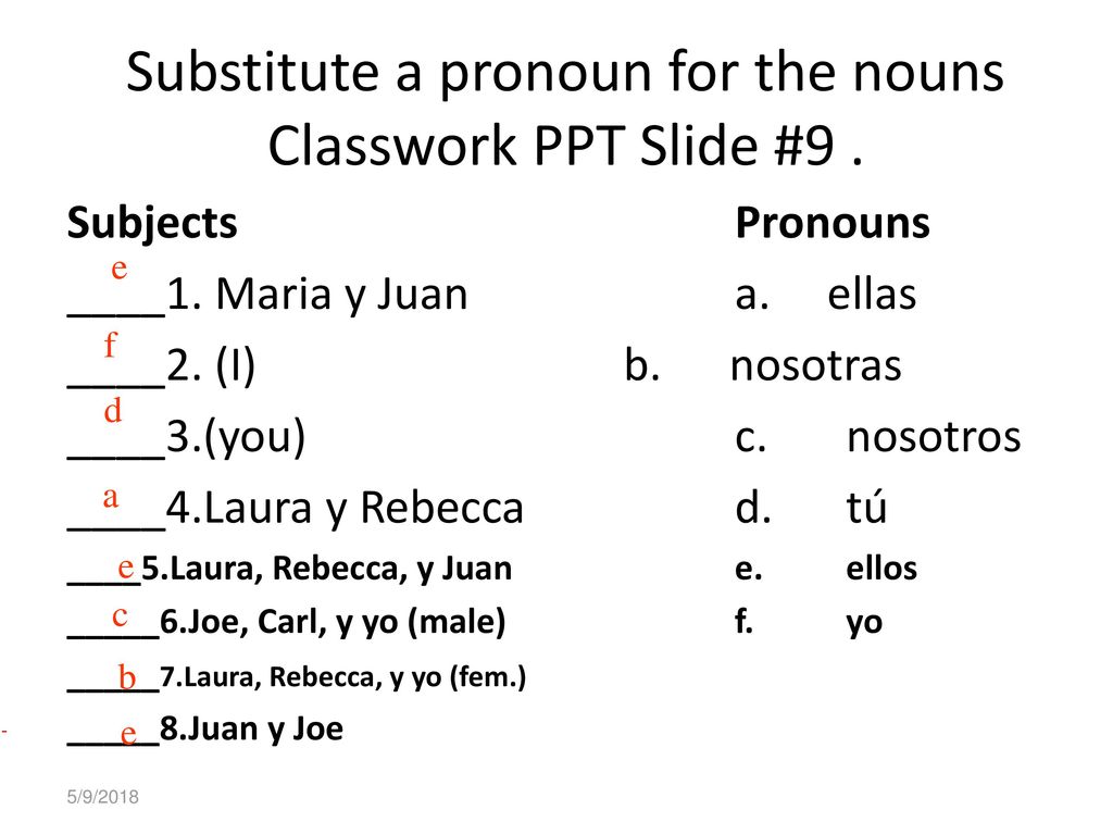 Substitute a pronoun for the nouns Classwork PPT Slide #9 .