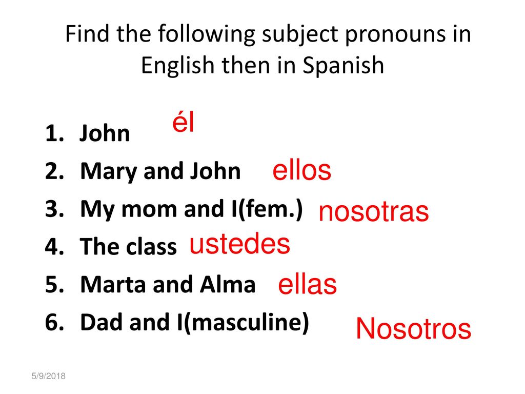 Find the following subject pronouns in English then in Spanish