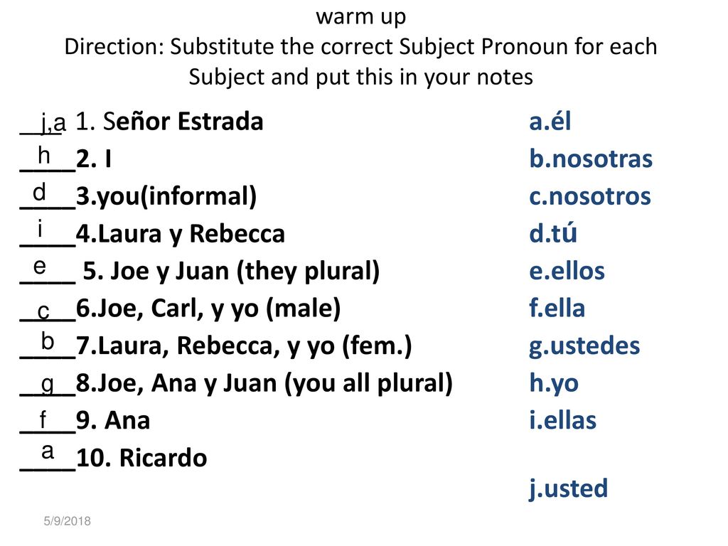 Mrs. Rodriguez warm up Direction: Substitute the correct Subject Pronoun for each Subject and put this in your notes.