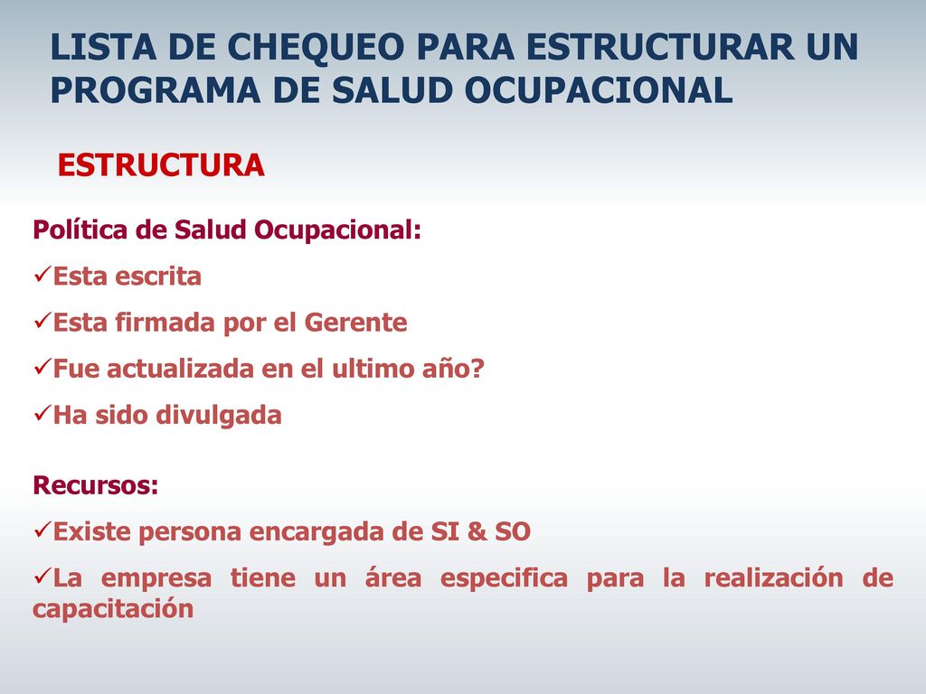 LISTA DE CHEQUEO PARA ESTRUCTURAR UN PROGRAMA DE SALUD OCUPACIONAL
