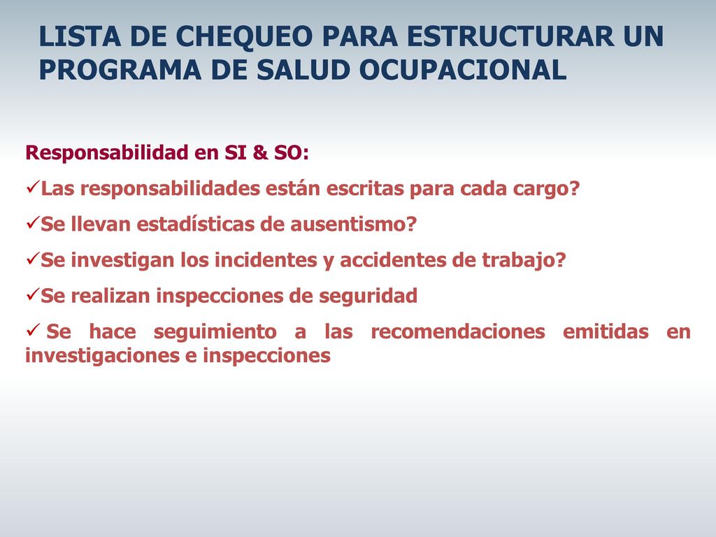 LISTA DE CHEQUEO PARA ESTRUCTURAR UN PROGRAMA DE SALUD OCUPACIONAL