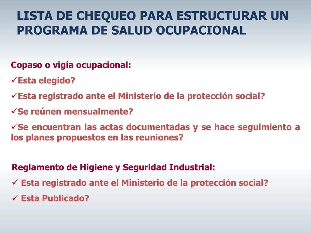 LISTA DE CHEQUEO PARA ESTRUCTURAR UN PROGRAMA DE SALUD OCUPACIONAL