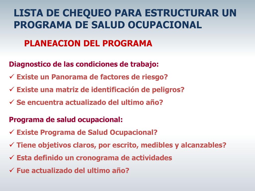 LISTA DE CHEQUEO PARA ESTRUCTURAR UN PROGRAMA DE SALUD OCUPACIONAL