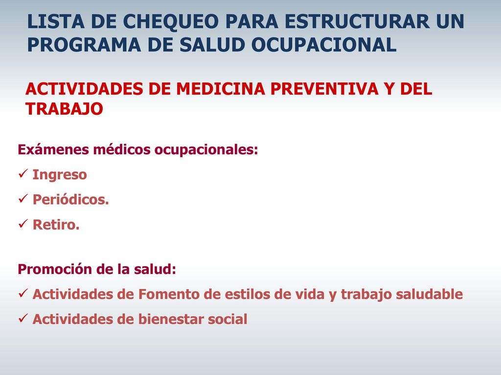 LISTA DE CHEQUEO PARA ESTRUCTURAR UN PROGRAMA DE SALUD OCUPACIONAL