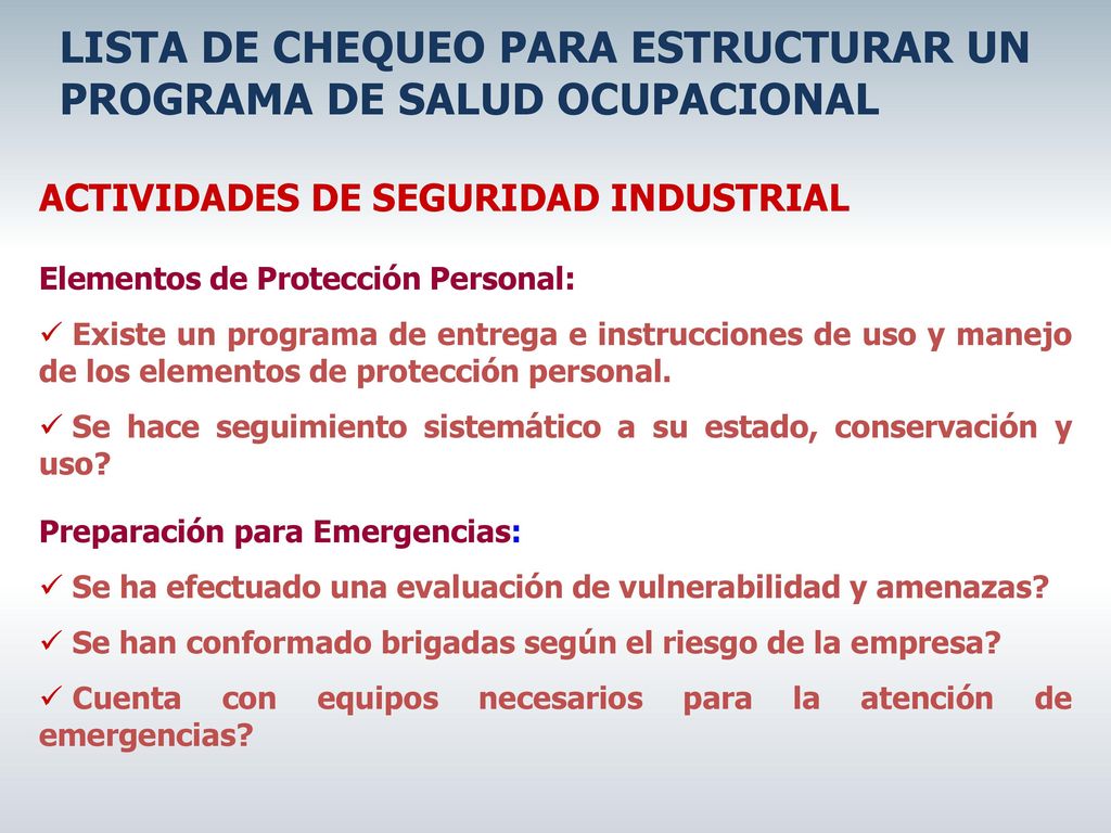 LISTA DE CHEQUEO PARA ESTRUCTURAR UN PROGRAMA DE SALUD OCUPACIONAL